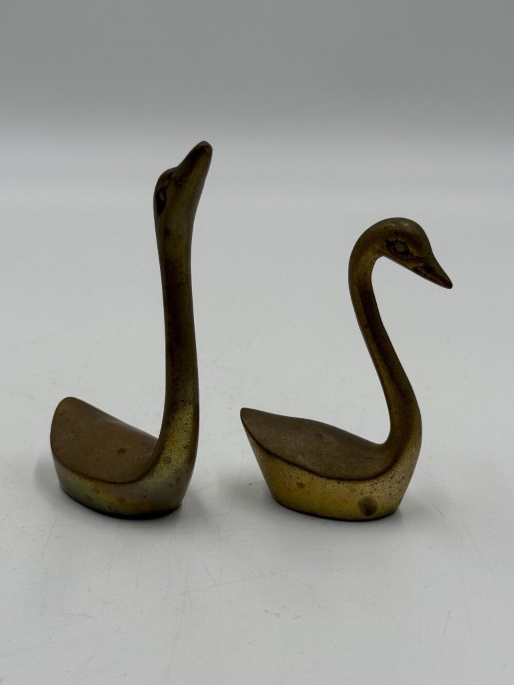 Solid Brass Miniature Swan Figures Shelf Sitter 2.75"-3.5" Tall Lot of 2 Geese